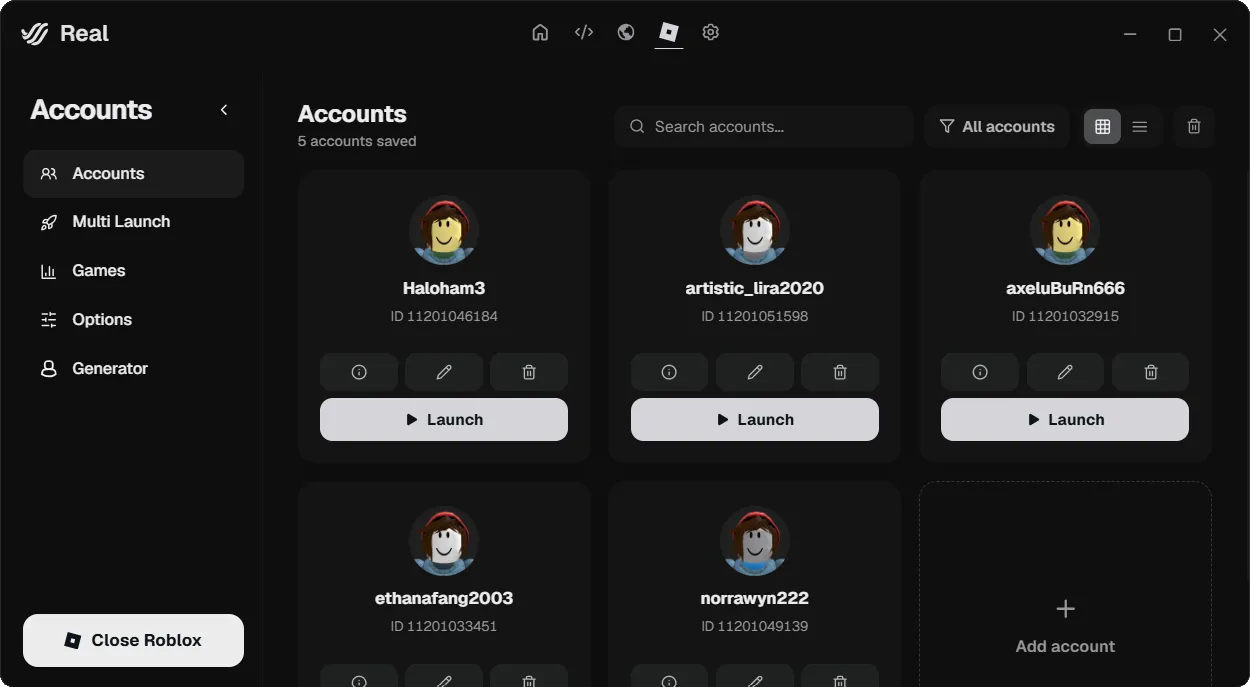 Accounts screen